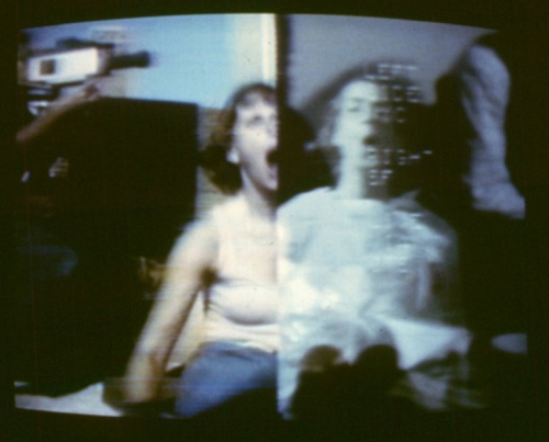 September 11, 1977  Dancer Nancy Lewis (left) at the Battery Park City landfill, New York, interacting via CTS satellite with dancer Margaret Fisher (right) in San Francisco  Photo by Gwenn Thomas